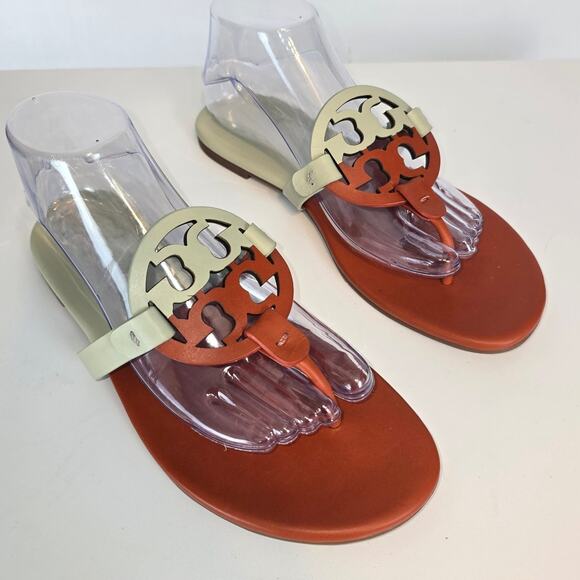 Tory Burch Miller Soft Sandal Bicolor Flat Thong In Spring Spice / Pinefrost 9 - Picture 2 of 9